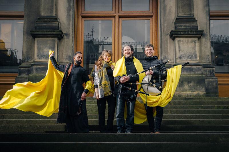 Festival Director, Nicola Benedetti, celebrates the launch of the 2024 Edinburgh International Festival   with dancer Aakash Odedra and musicians Calum MacCrimmon and Conal McDonagh  from Breabach at the National Museum of Scotland. Photo by Mihaela Bodlovic. 