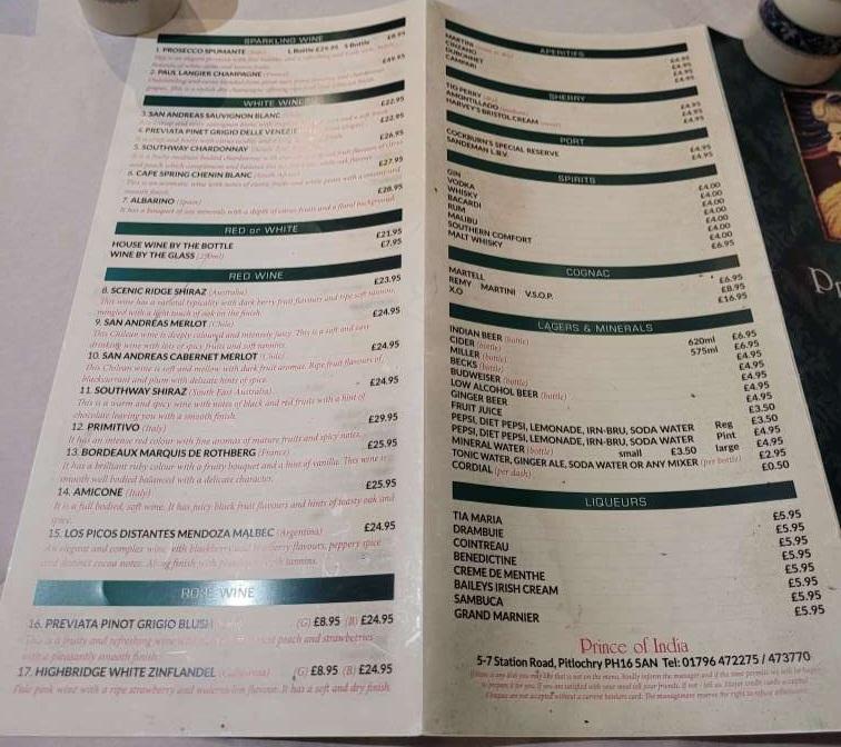 Indian dishes on the Prince of India Pitlochry menu