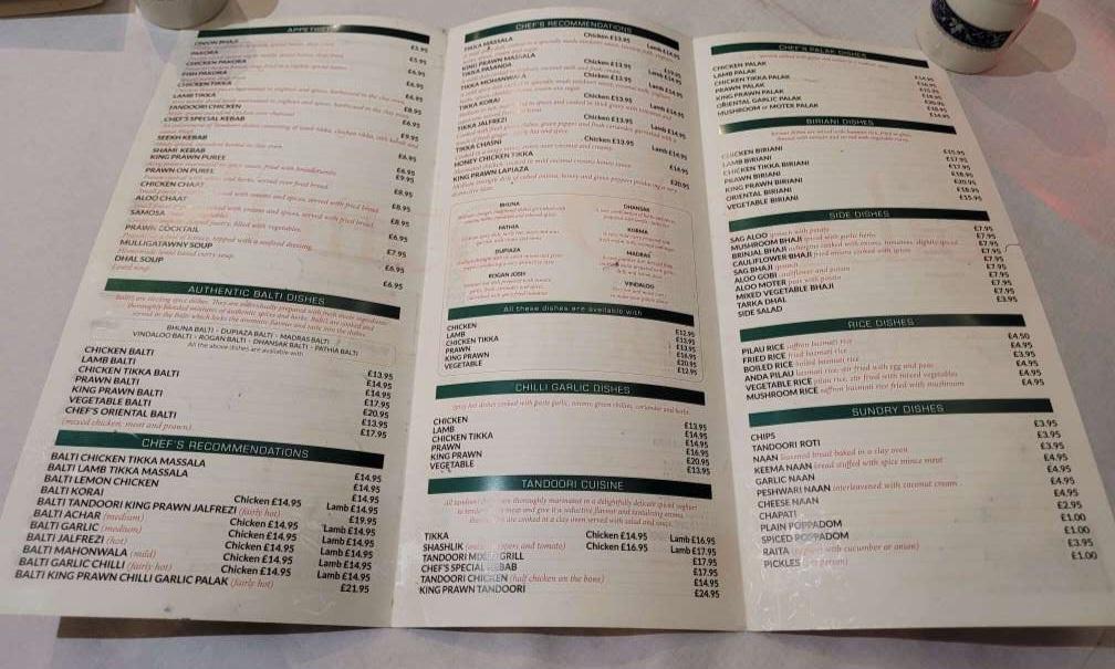 Prince of India Pitlochry menu