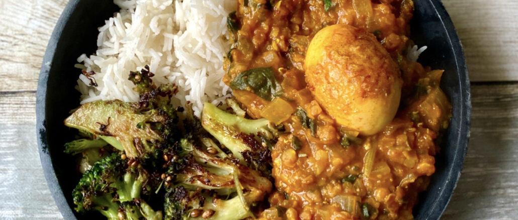 Lentil Curry with Crispy Eggs and Tarka Broccoli Recipe