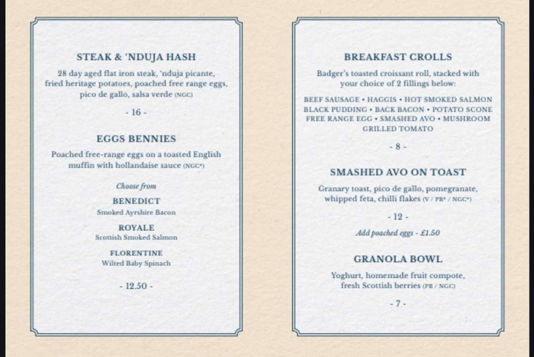 Badger & Co Edinburgh Breakfast Menu