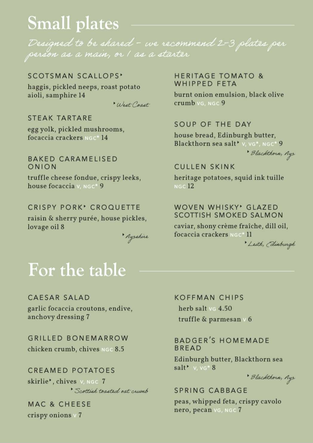 Badger & Co Edinburgh Main Menu