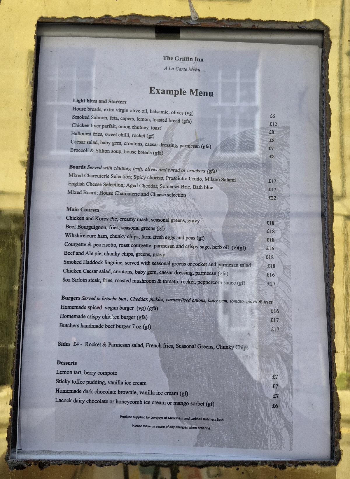 The Griffin Inn Bath Menu