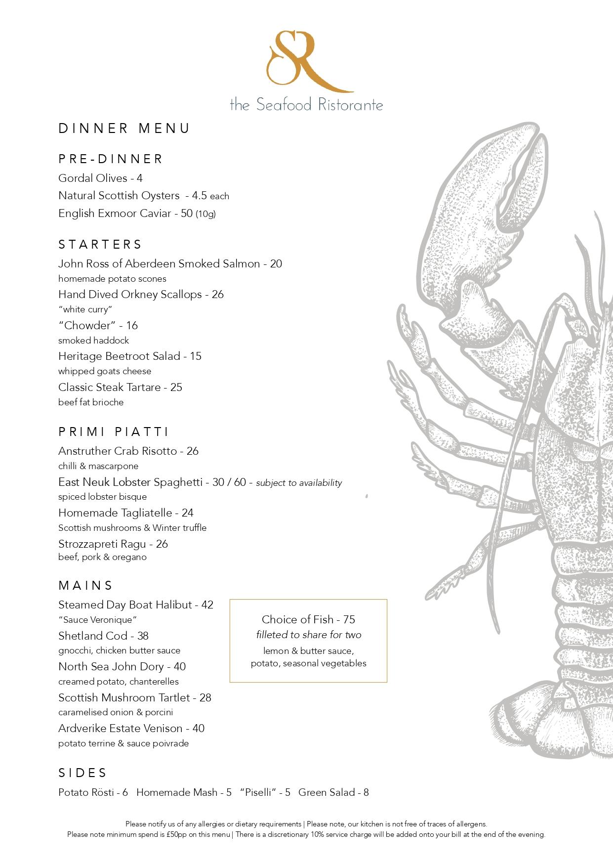 the seafood ristorante st andrews dinner menu