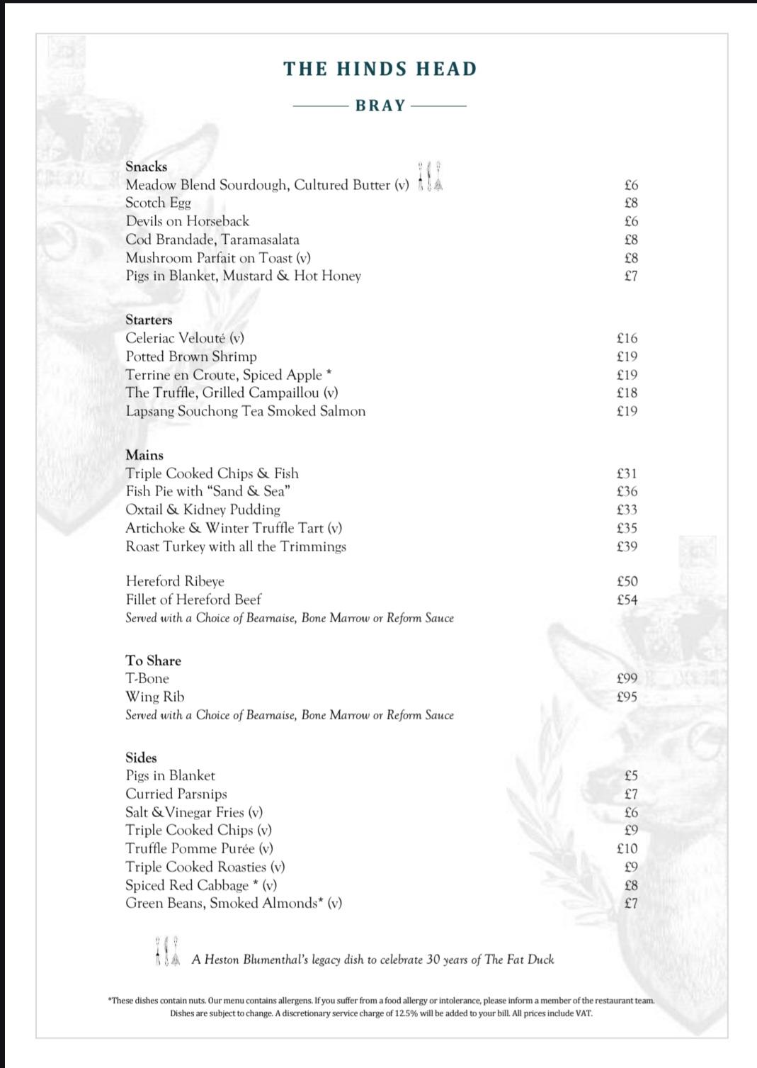 the hind's head christmas menu