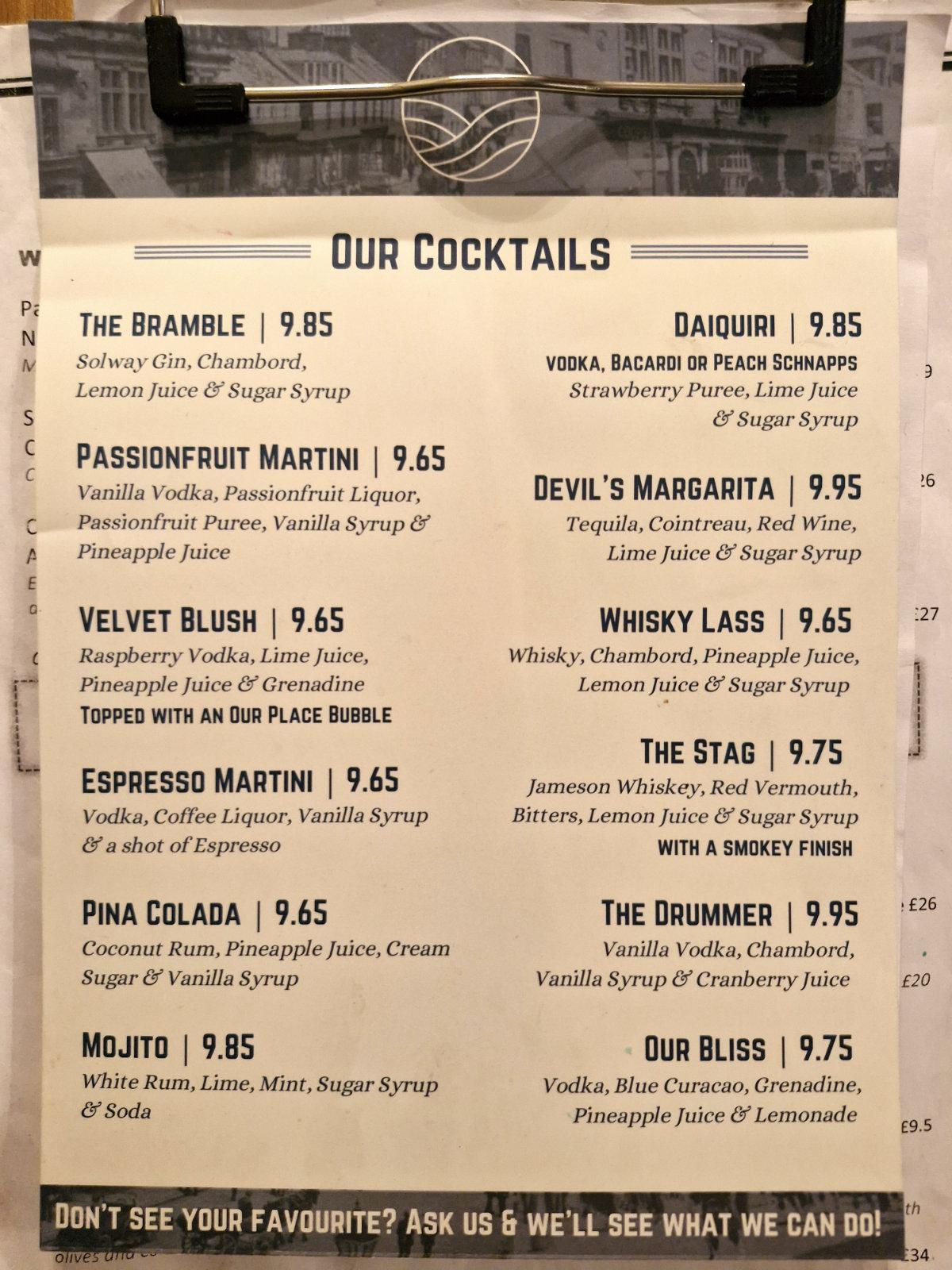drinks menu at Our Place Annan