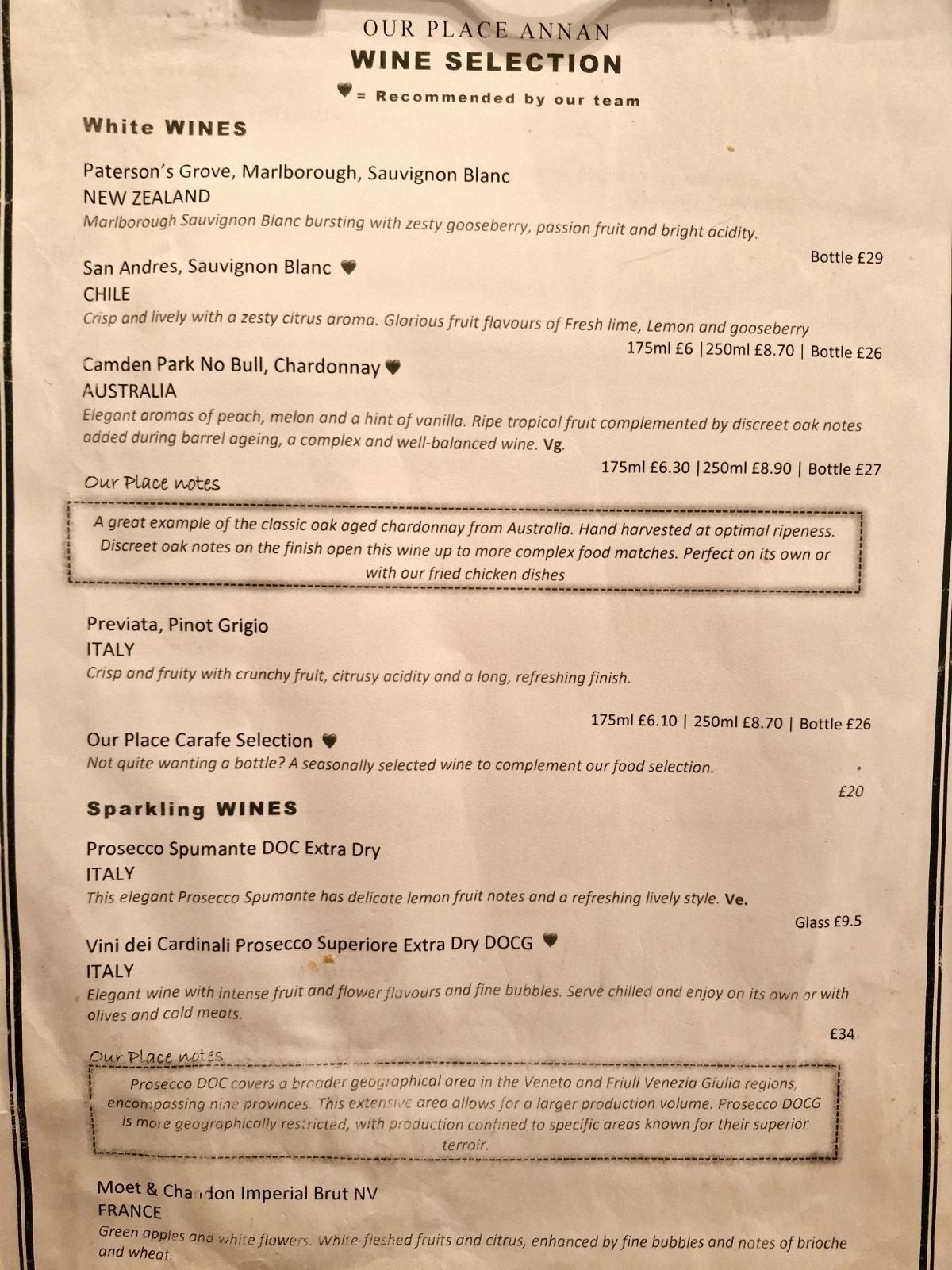 drinks menu at Our Place Annan