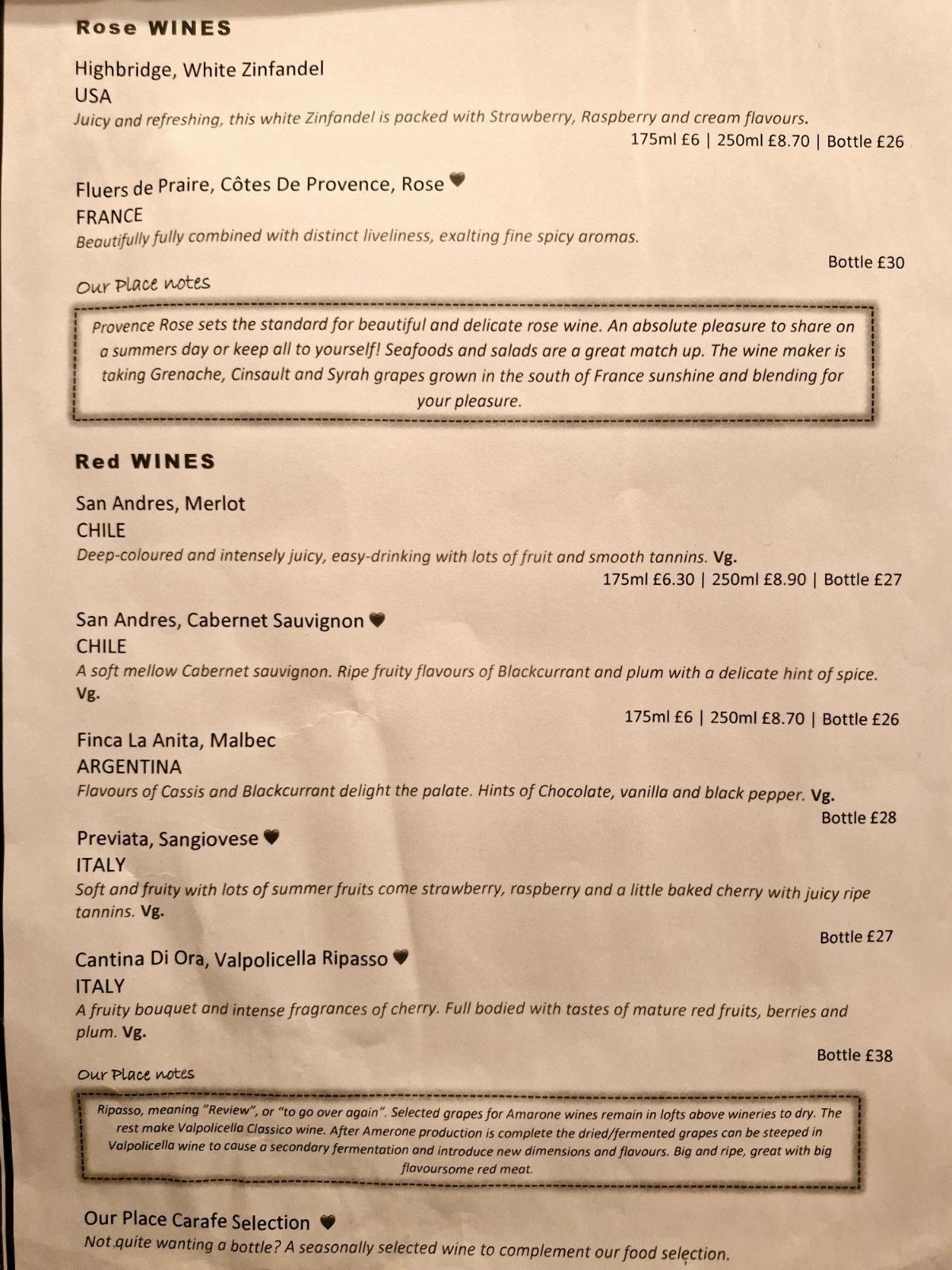 drinks menu at Our Place Annan