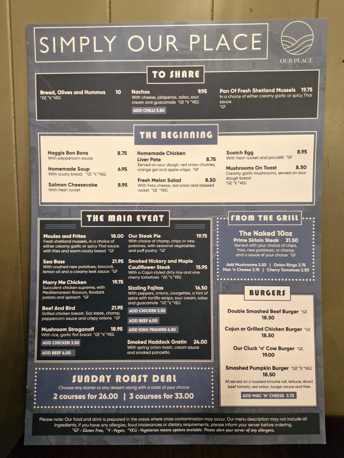 food menu at Our Place Annan