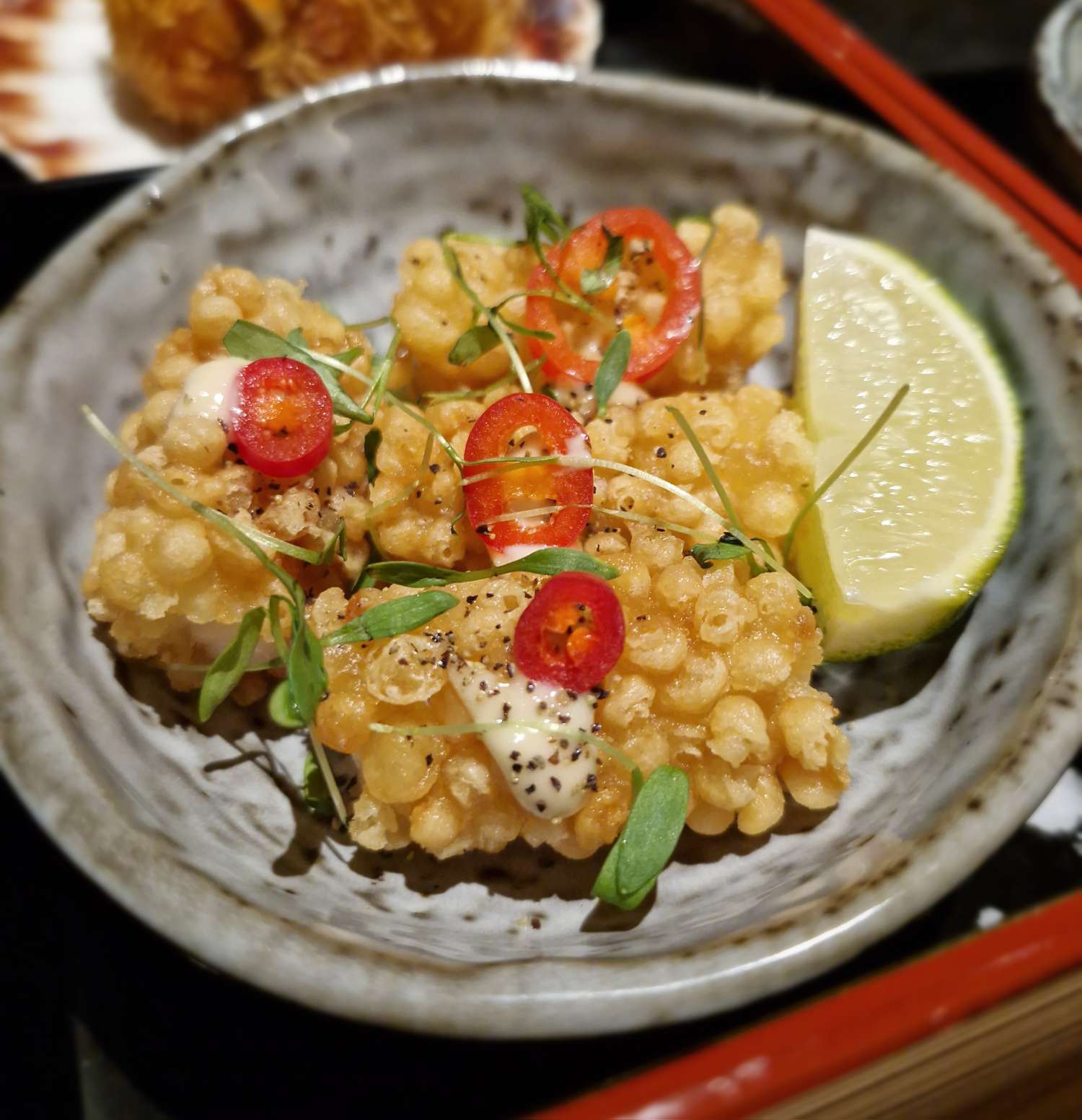 sticks 'n' Sushi Glasgow review.Ebi Bites. Tempura shrimp, miso aïoli, chilli, lime & coriander
