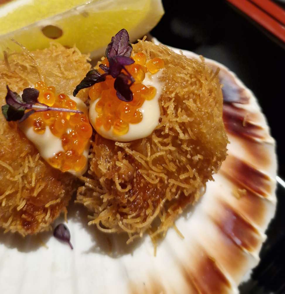 Hotate Kataifi. Scallops, miso aïoli, trout roe, kataifi & shiso cress