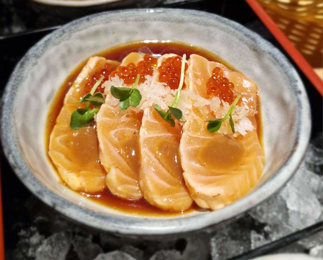 Shake Tataki. Salmon, sake-tamari marinated trout roe, daikon, miso, ponzu & daikon cress