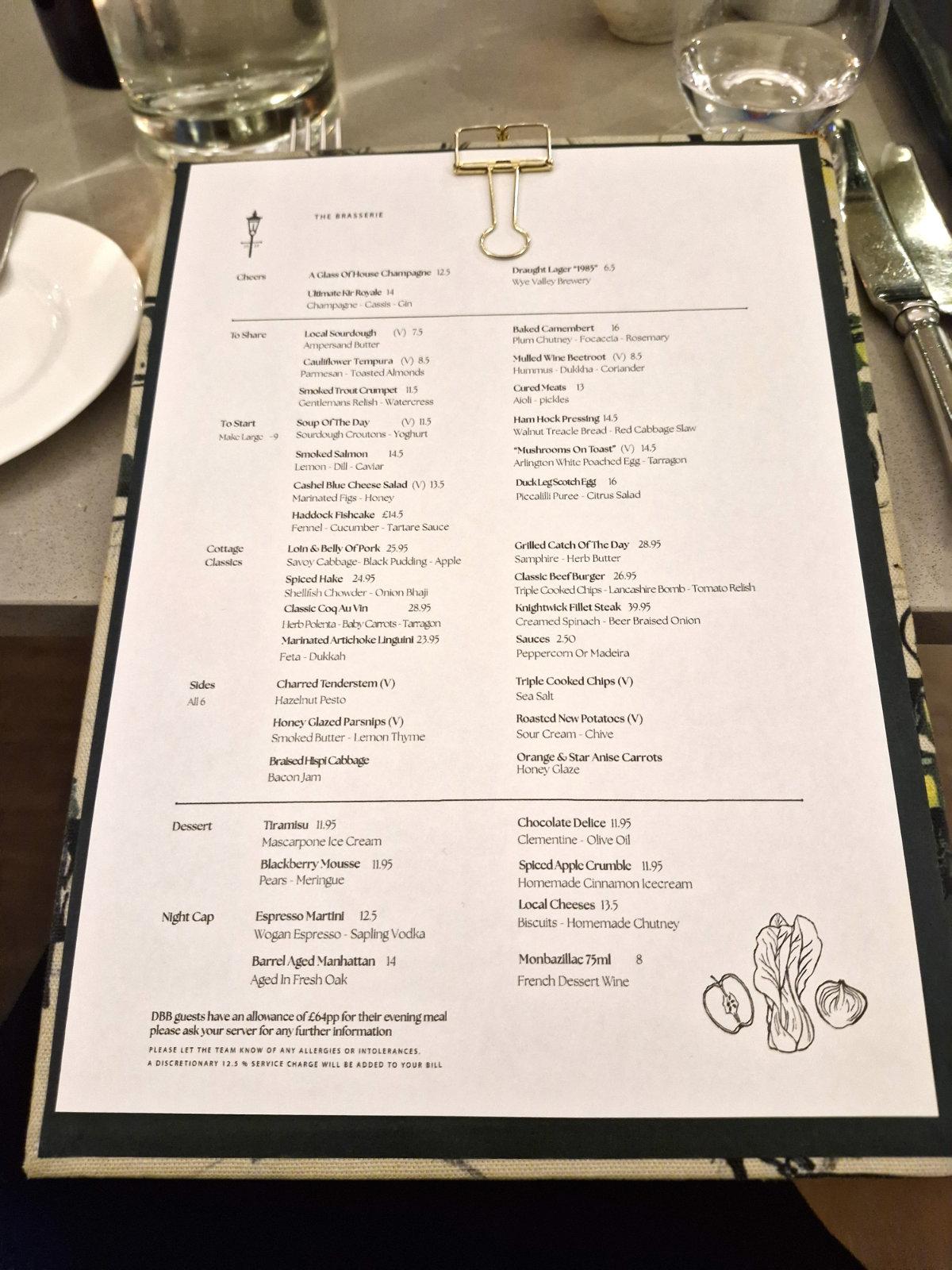 menu at brasserie at the cottage in the wood malvern dinner