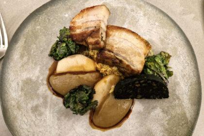 Loin and belly of pork with black pudding