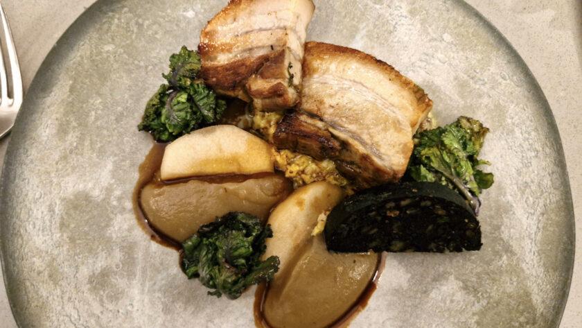 Loin and belly of pork with black pudding