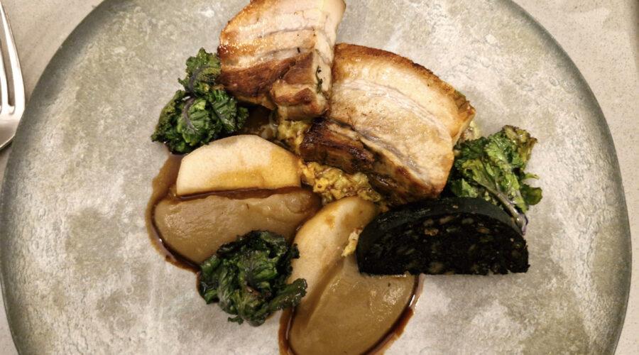 Loin and belly of pork with black pudding