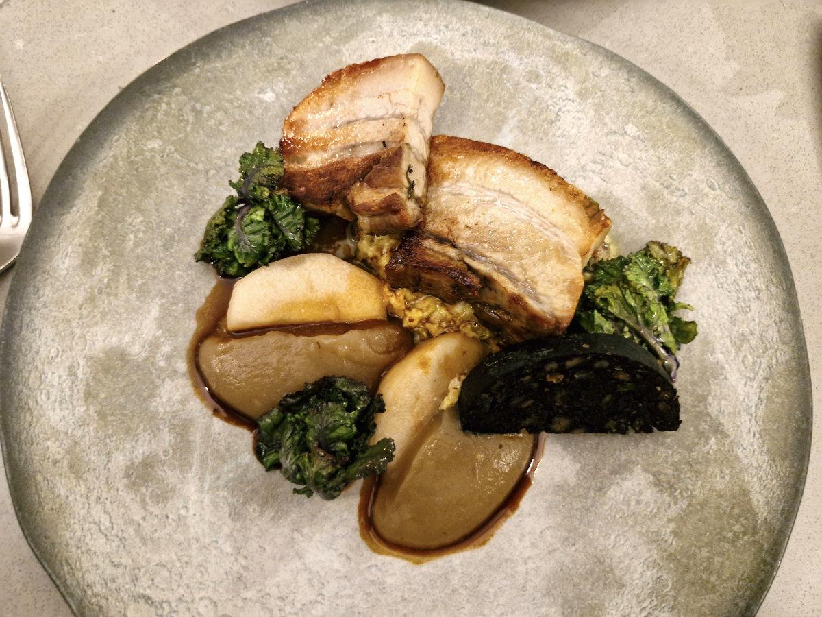 Loin and belly of pork with black pudding