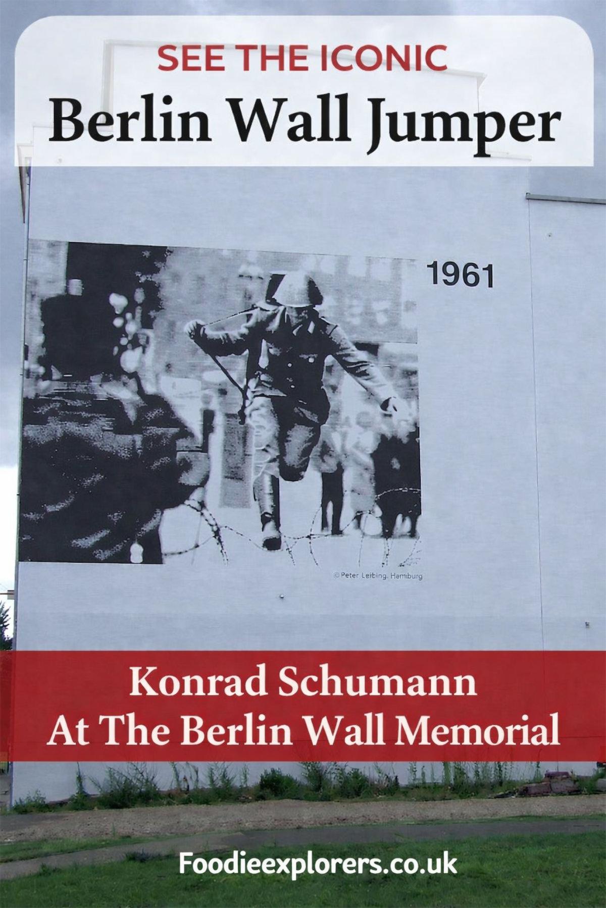 Mural of Konrad Schumann jumping over barbed wire at the Berlin Wall in 1961, located at the Berlin Wall Memorial on Bernauer Strasse in Berlin