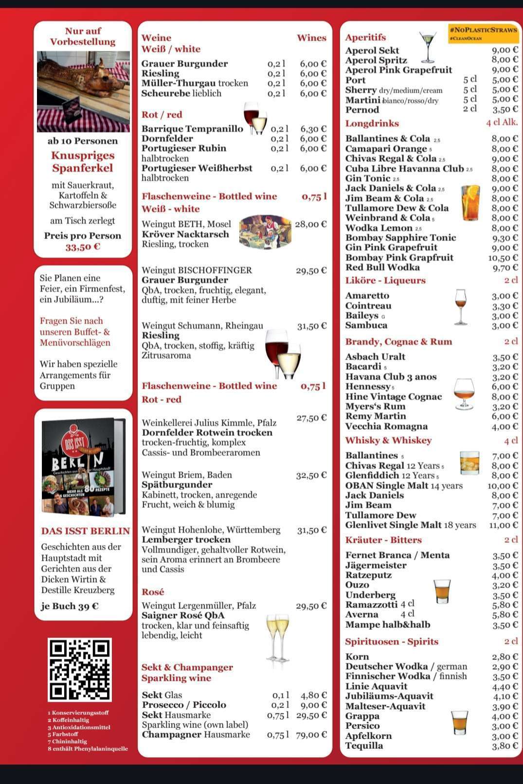 menu Dicke Wirtin traditional Berlin restaurant in Charlottenburg