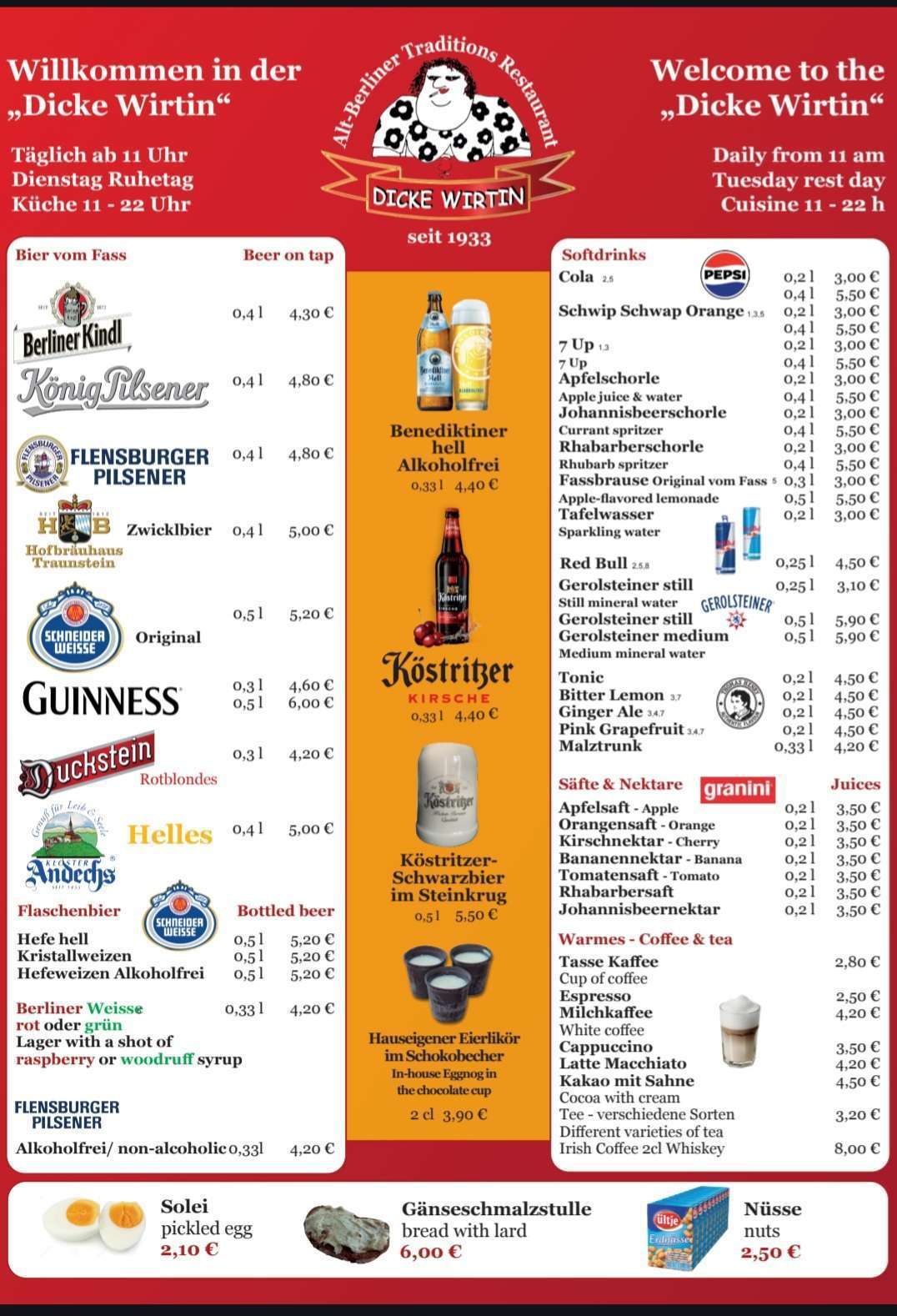 menu Dicke Wirtin traditional Berlin restaurant in Charlottenburg