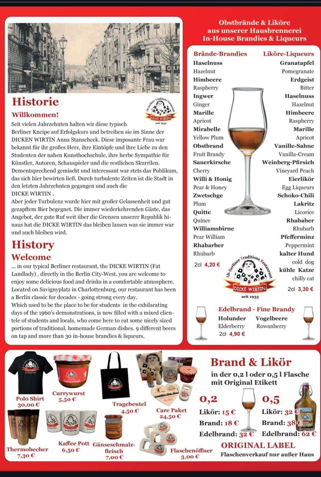 menu Dicke Wirtin traditional Berlin restaurant in Charlottenburg