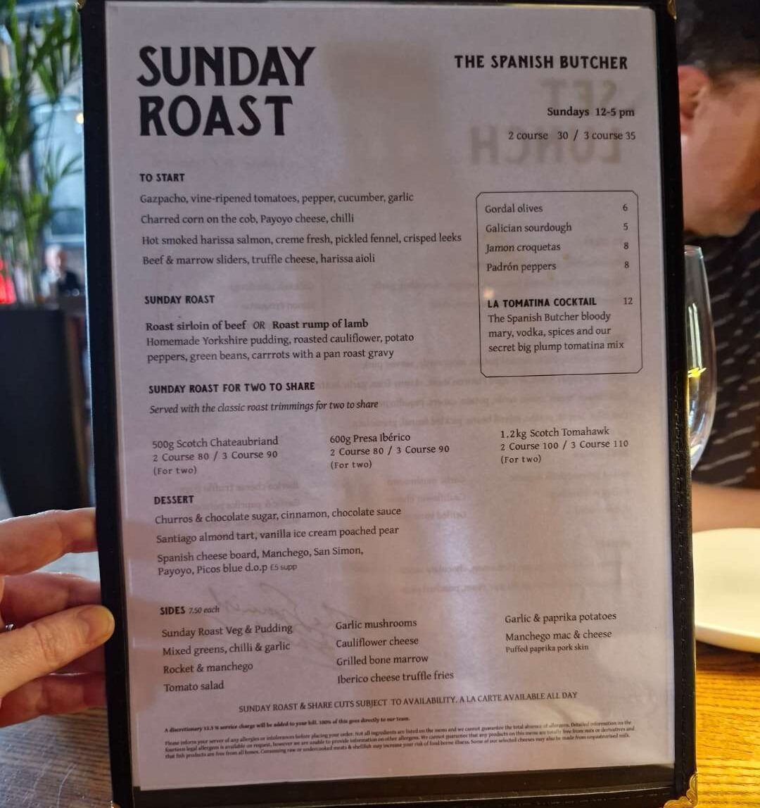 Sunday roast menu at the Spanish Butcher glasgow