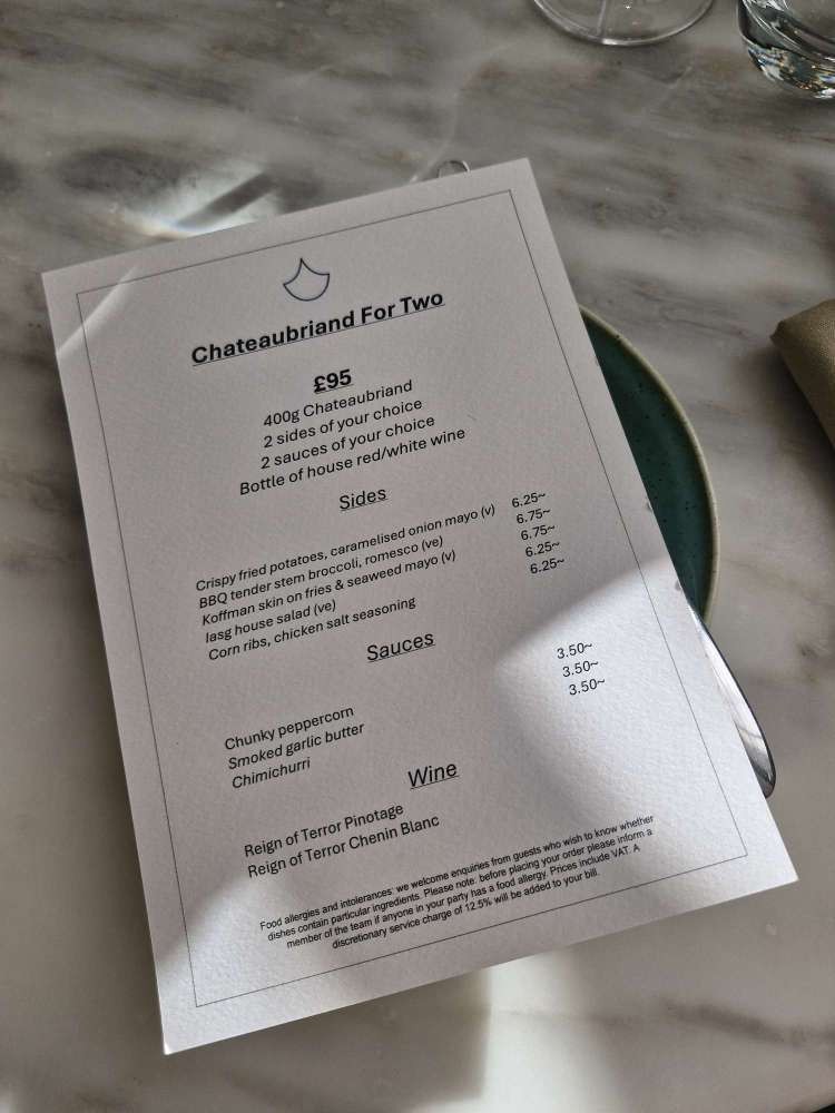 menu chateaubriand at iasg kimpton blythswood square glasgow 