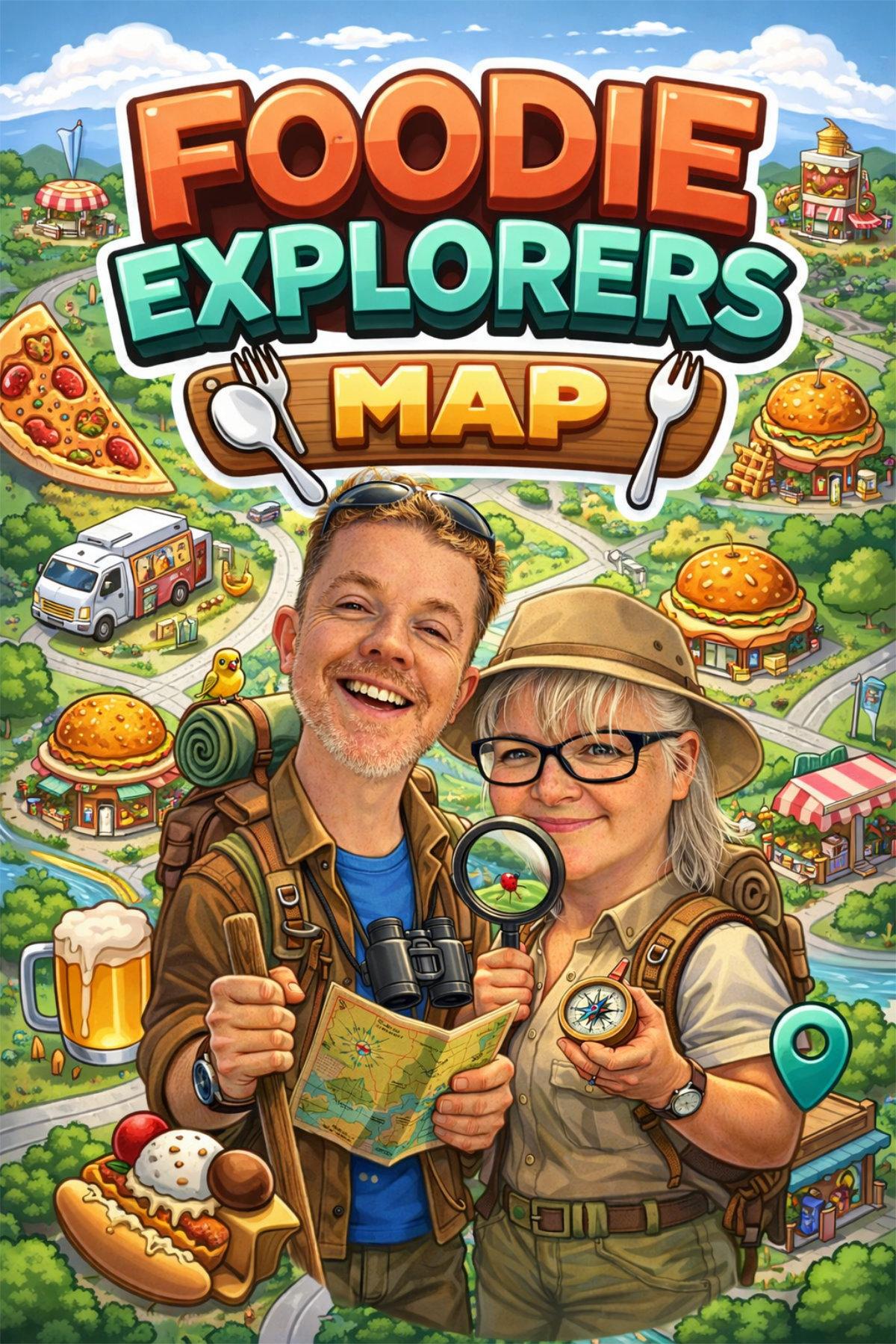 Caricature of a couple as explorers on a colorful foodie map with illustrated restaurants, street food, and location pins