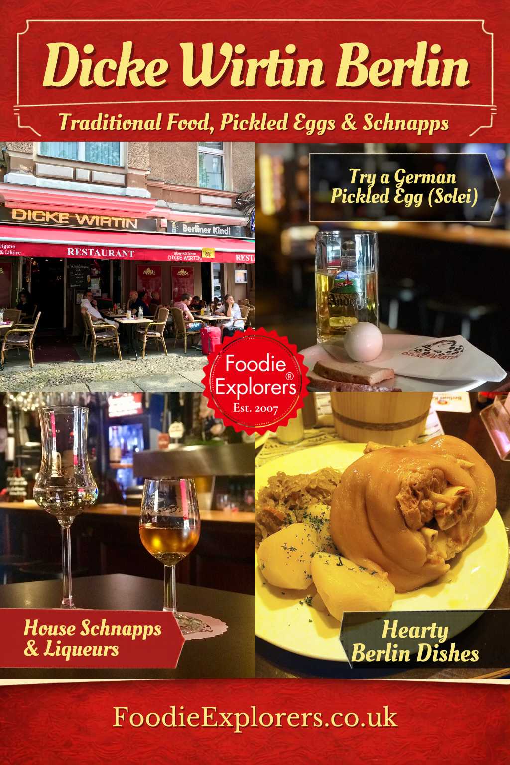 Pinterest pin for Dicke Wirtin Berlin featuring traditional Berlin food, German pickled egg, house schnapps and Charlottenburg location