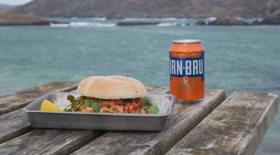 Irn-Bru hot sauce seafood roll at Crofter's Kitchen Scourie