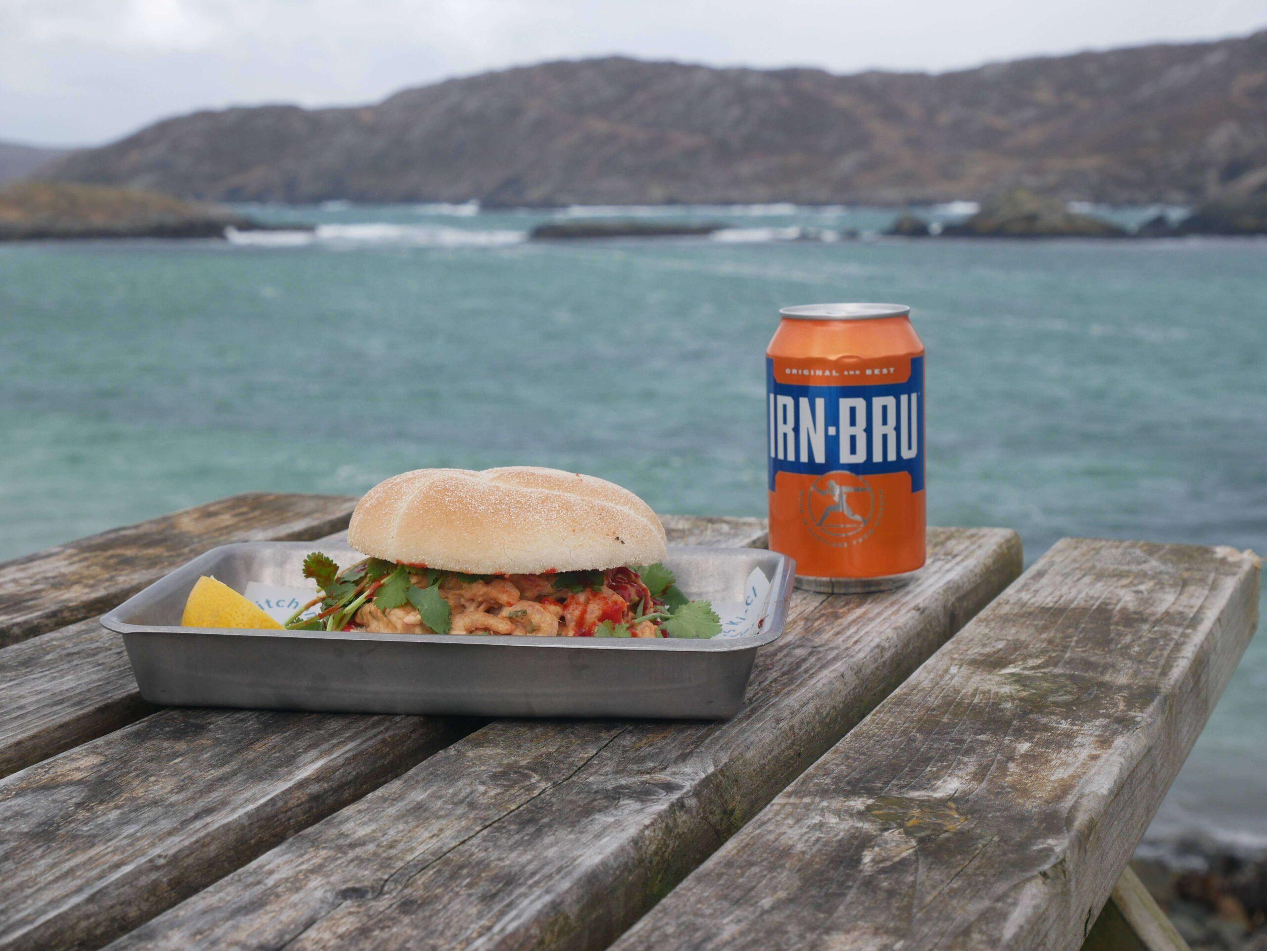 Irn-Bru hot sauce seafood roll at Crofter's Kitchen Scourie