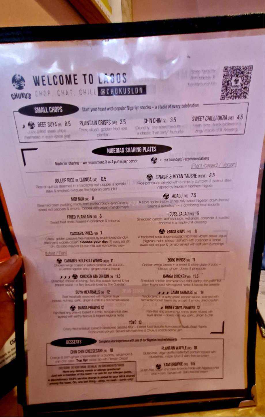 Chuku’s Nigerian tapas food menu and prices