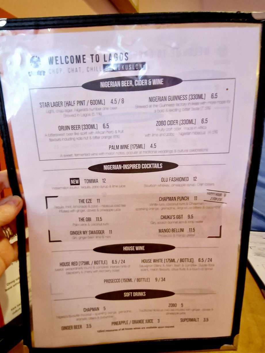 Drinks menu at Chuku’s Nigerian restaurant London