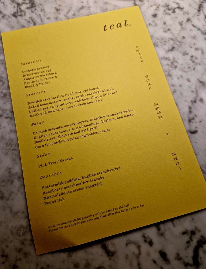 The menu at Teal by Sally Abé