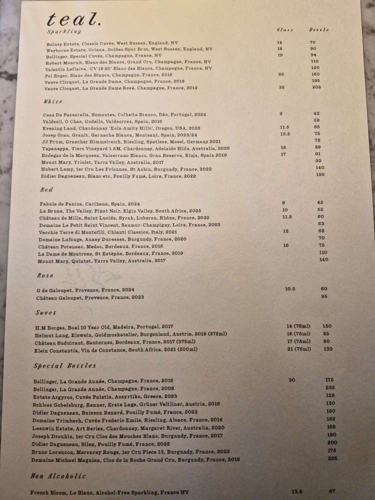 wine menu The menu at Teal by Sally Abé