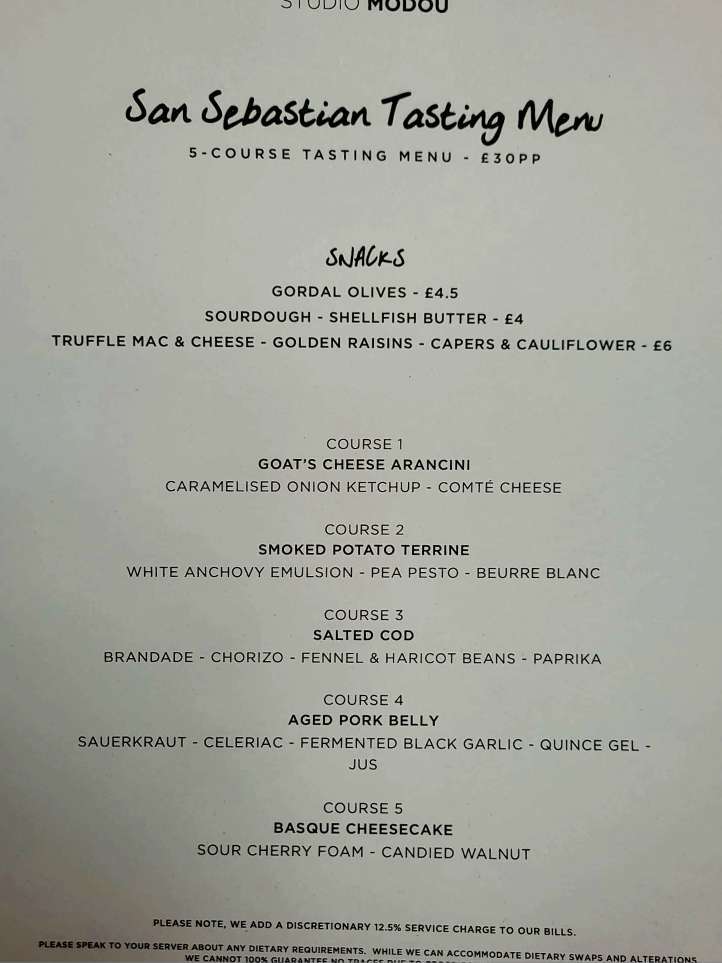 San Sebastián Menu at Studio Modou West Glasgow Review menu