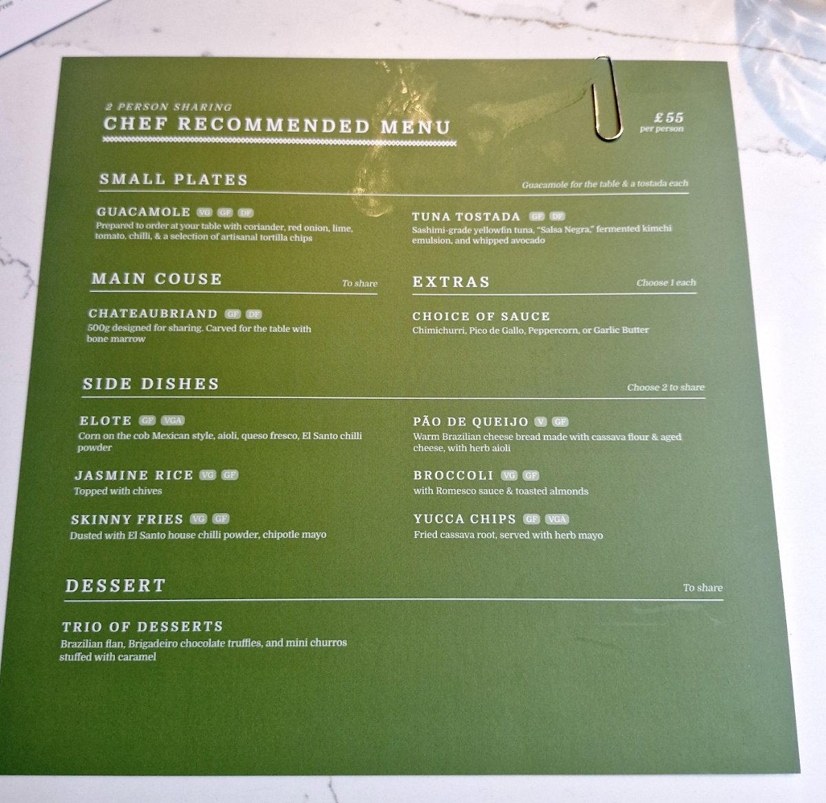 el santo chef recommended menu