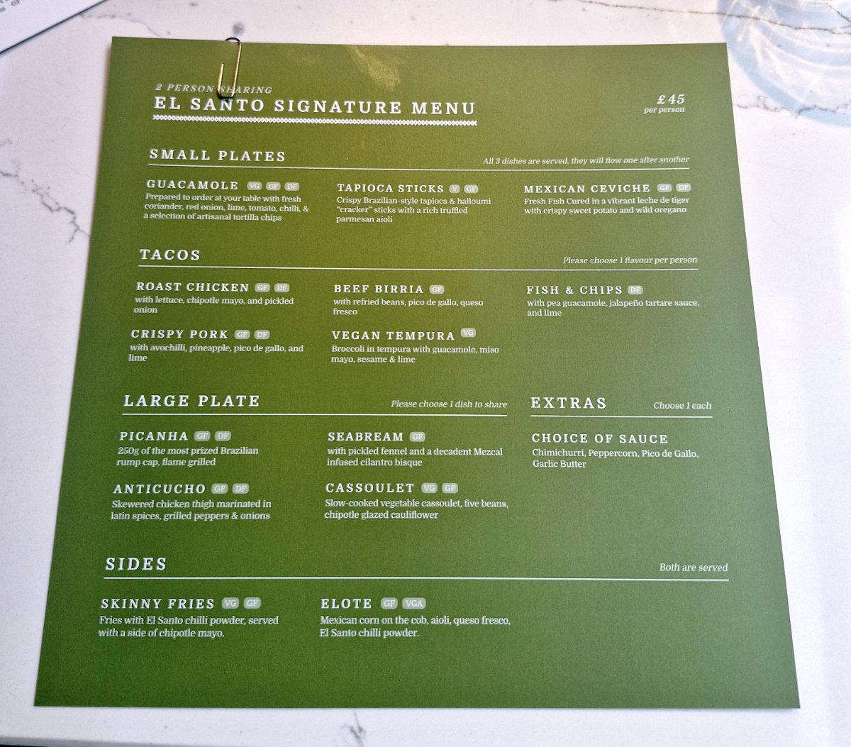 el santo signature menu