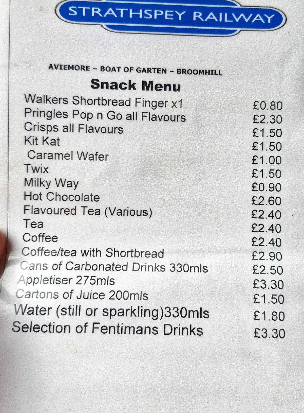 strathspey railway snack menu