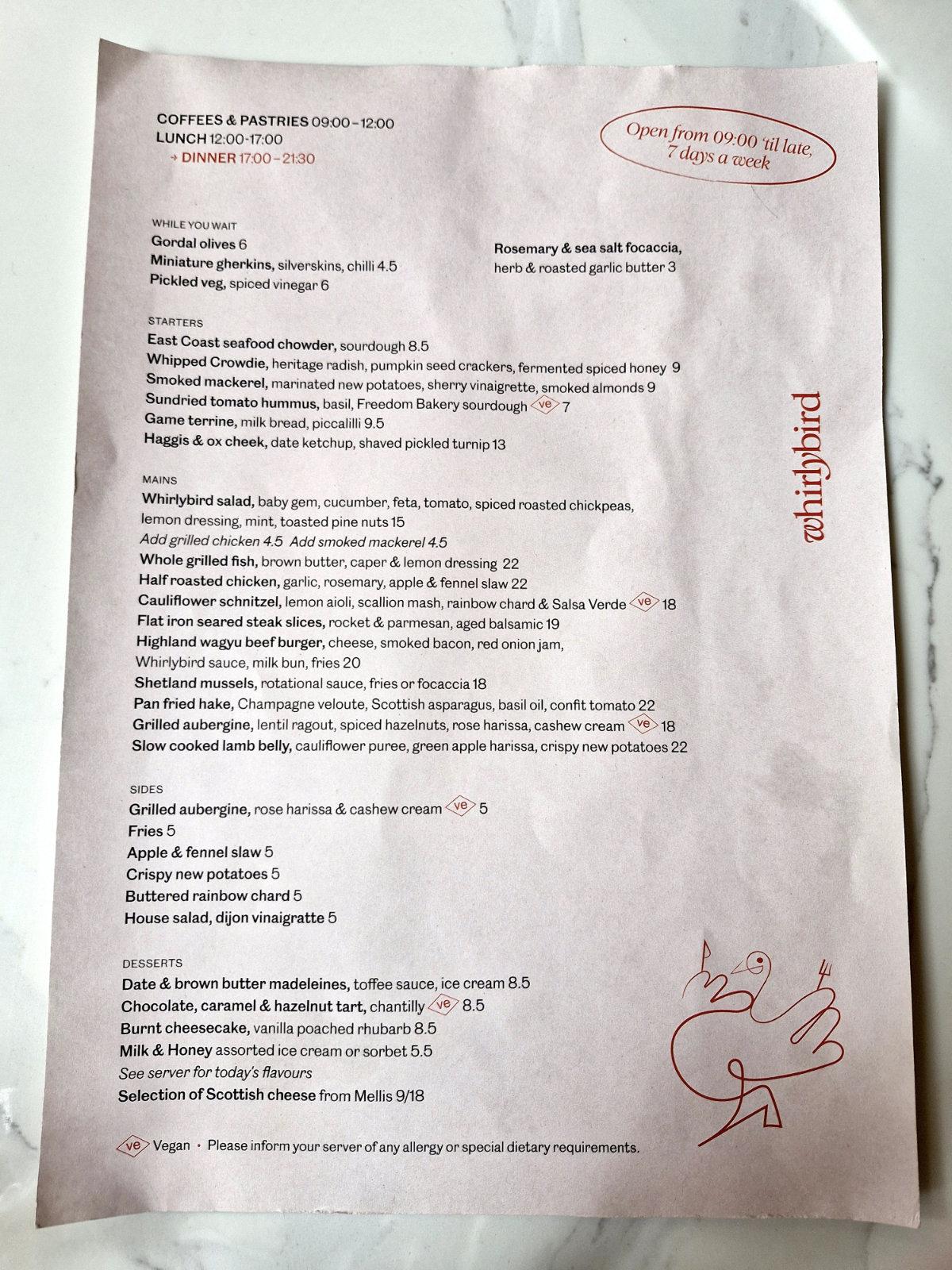whirlybird edinburgh review menu