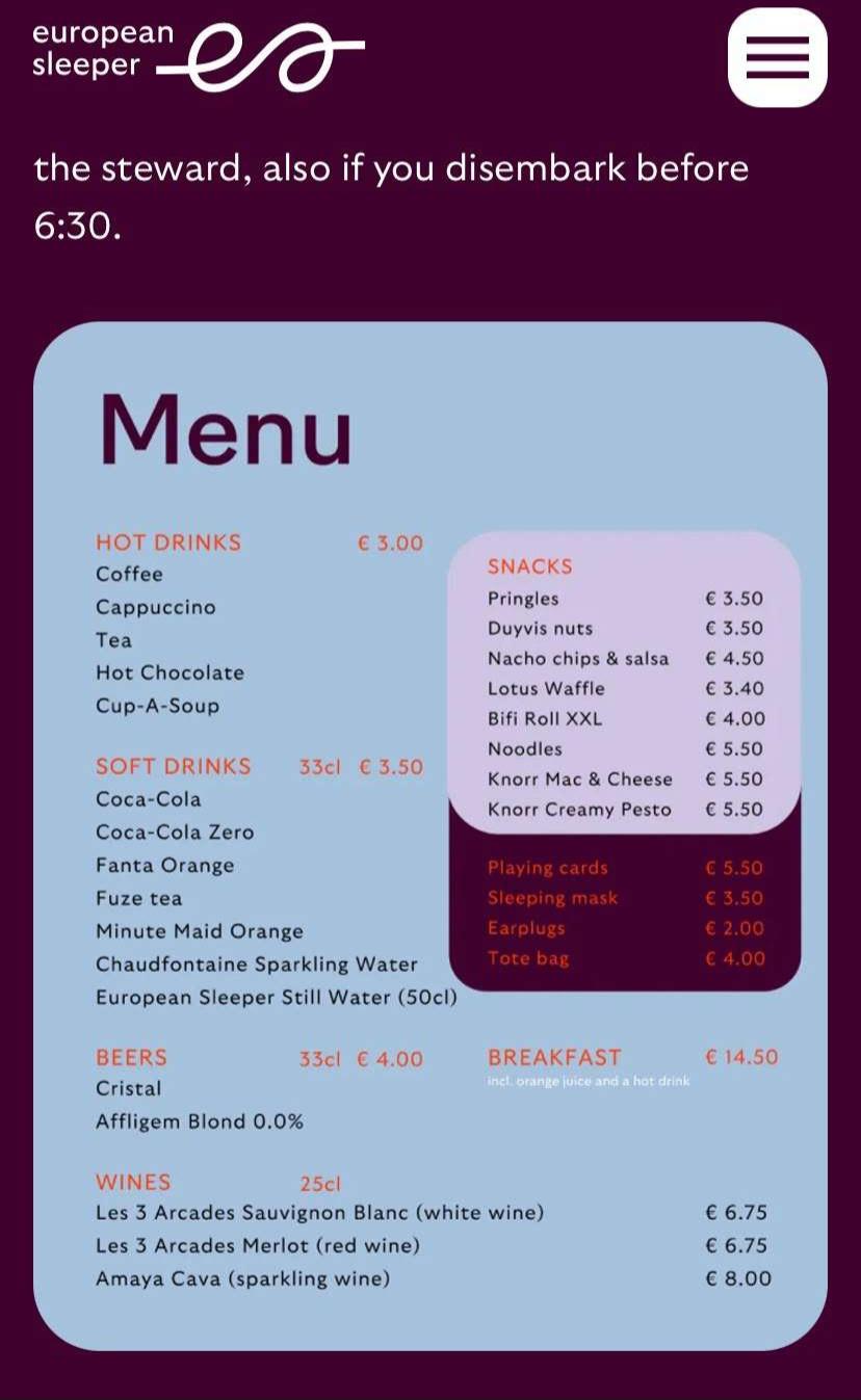 European Sleeper Paris to Berlin menu