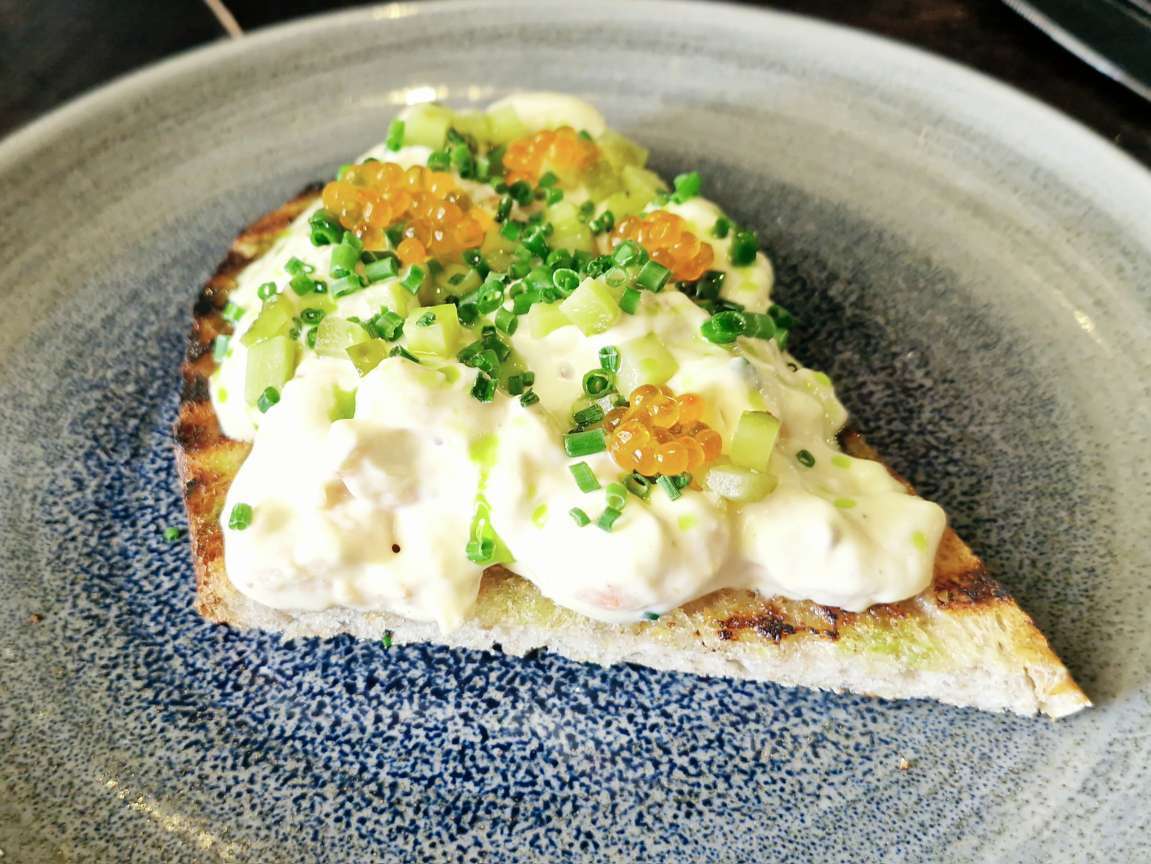 Shrimp Skagen with Nobis dressing, wholegrain mustard and keta caviar,