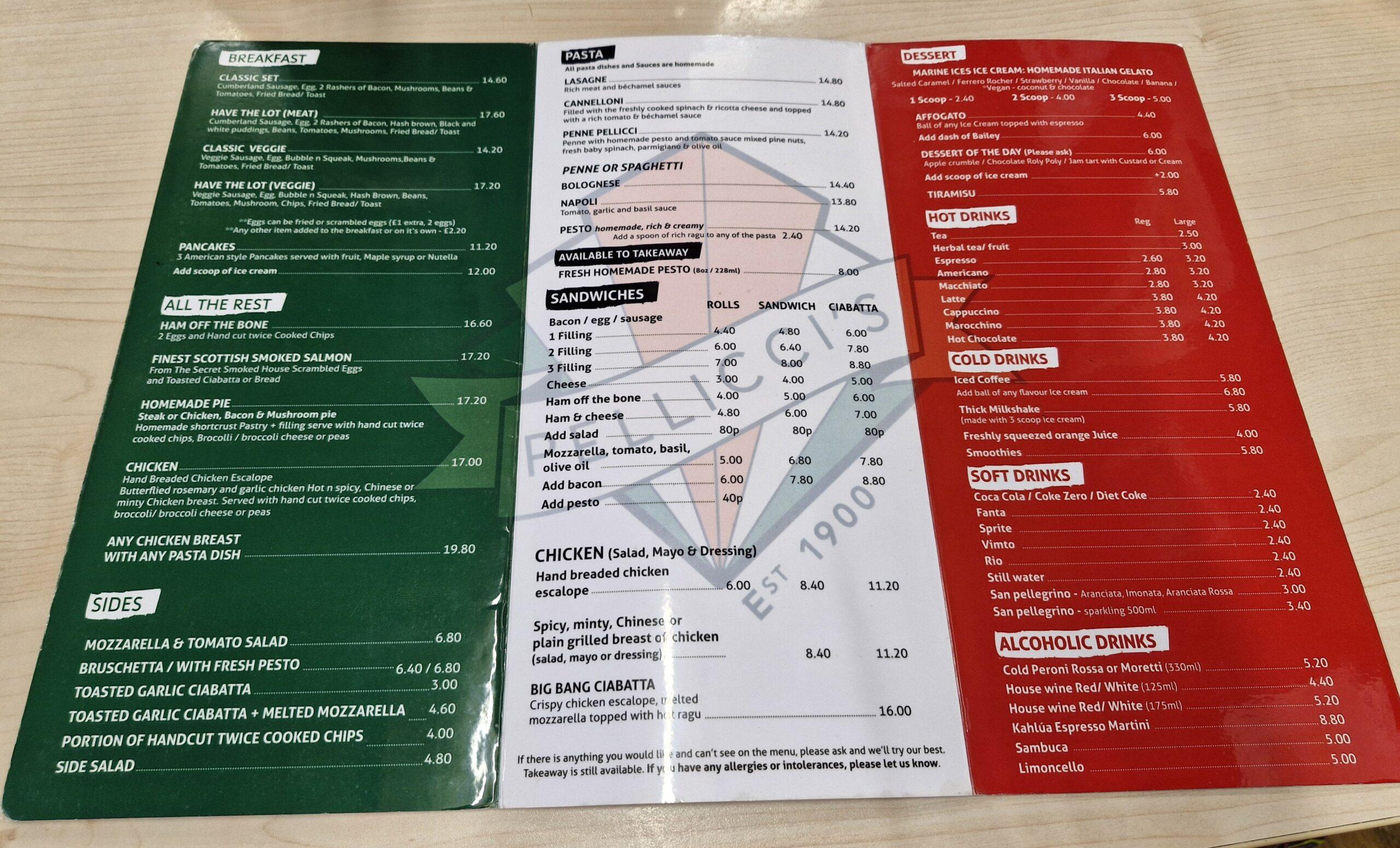 menu E Pellicci café in East London