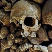 Human skulls and bones inside the Paris Catacombs