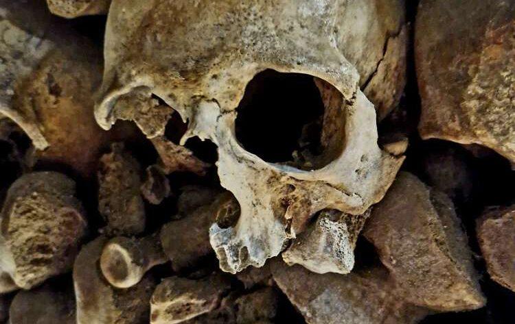 Human skulls and bones inside the Paris Catacombs