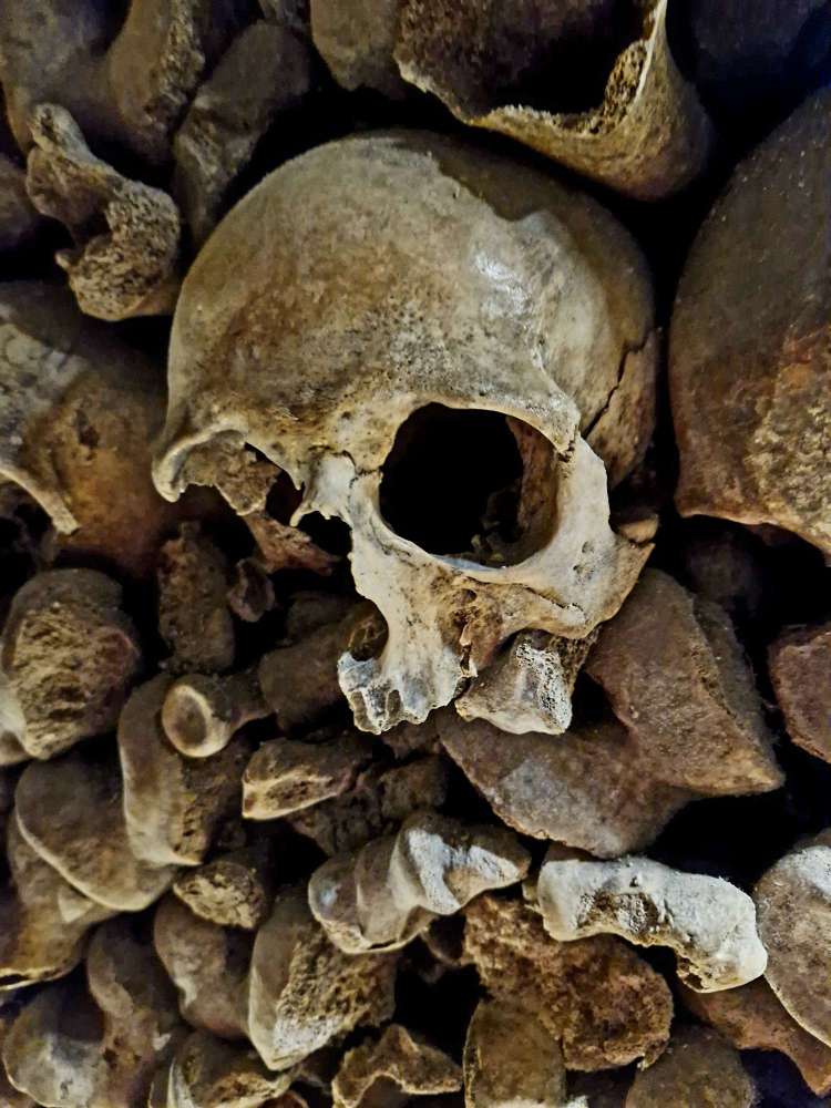 Human skulls and bones inside the Paris Catacombs