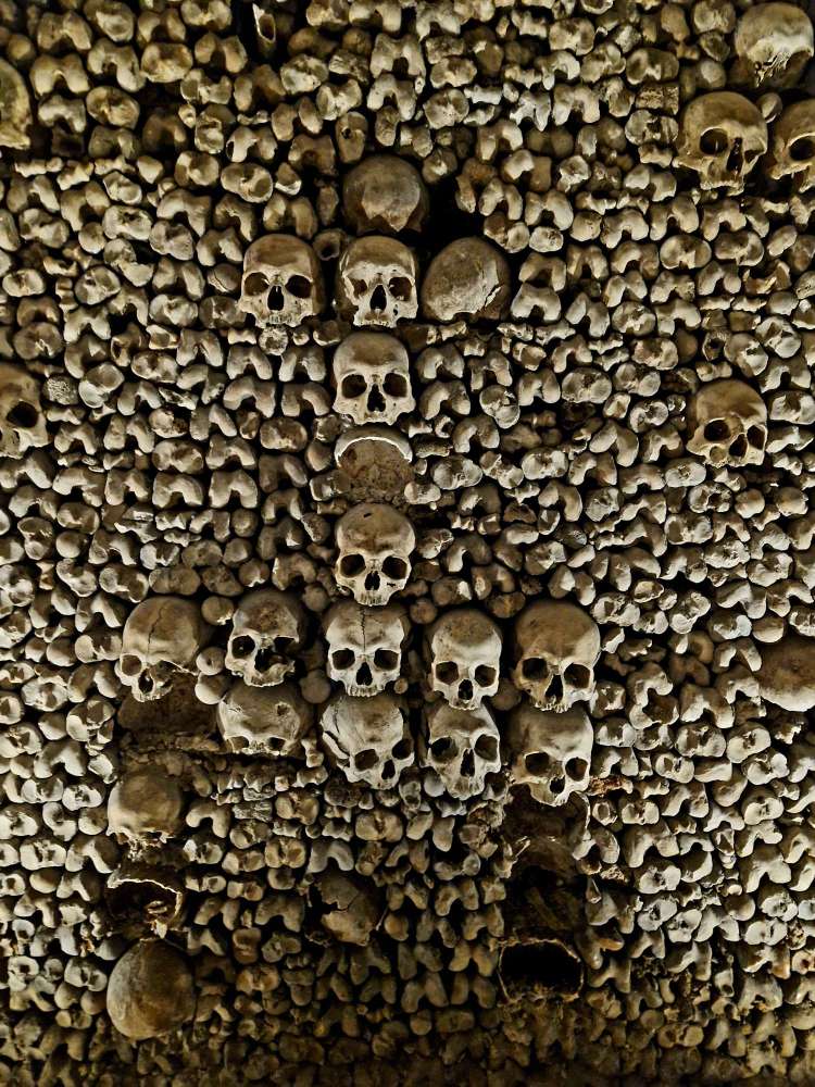 Human skulls and bones inside the Paris Catacombs