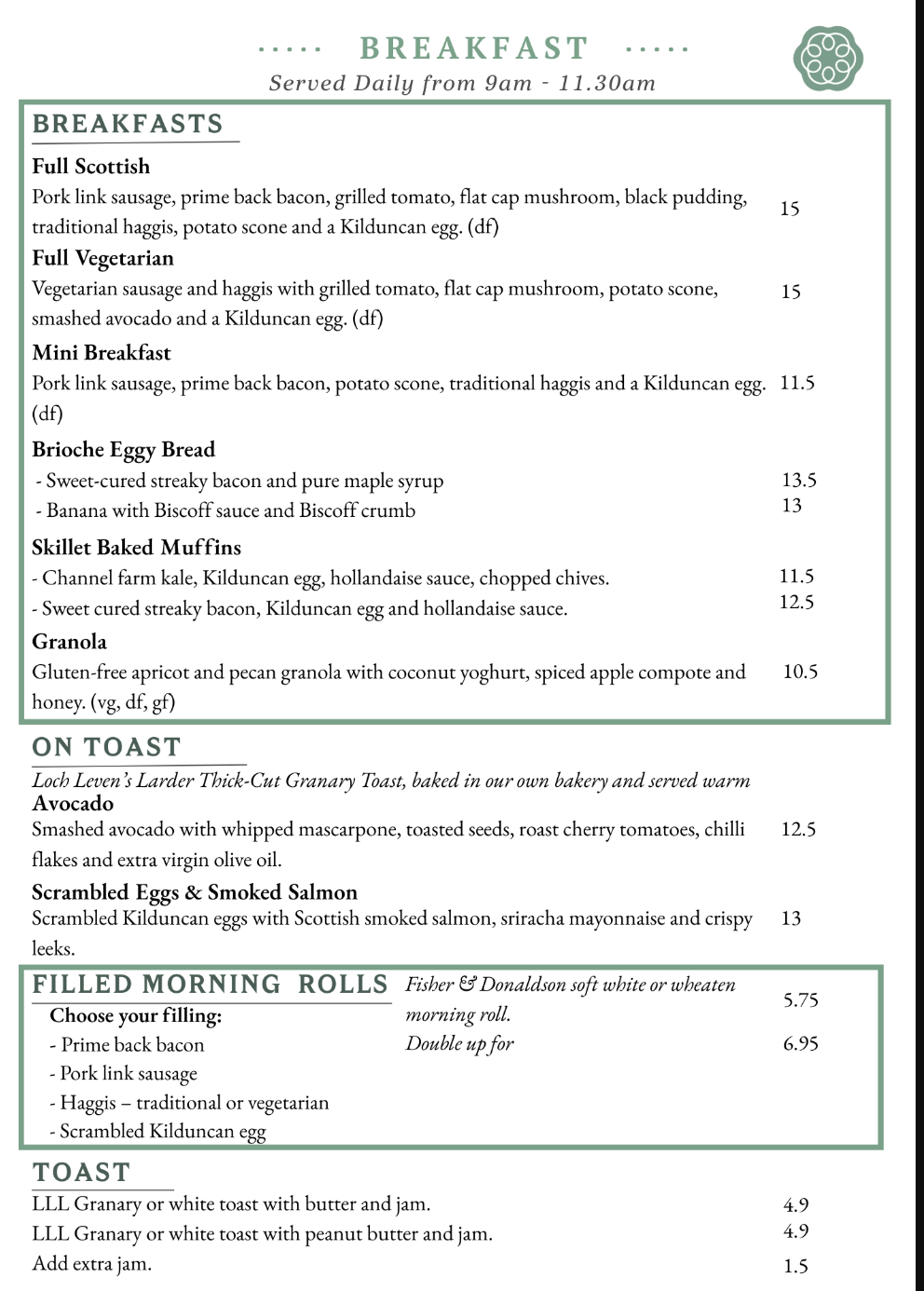 Loch Leven's Larder Breakfast Menu