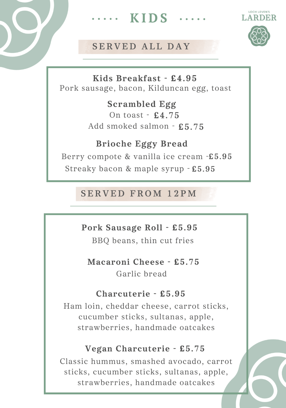 Kids Menu at Loch Leven's Larder