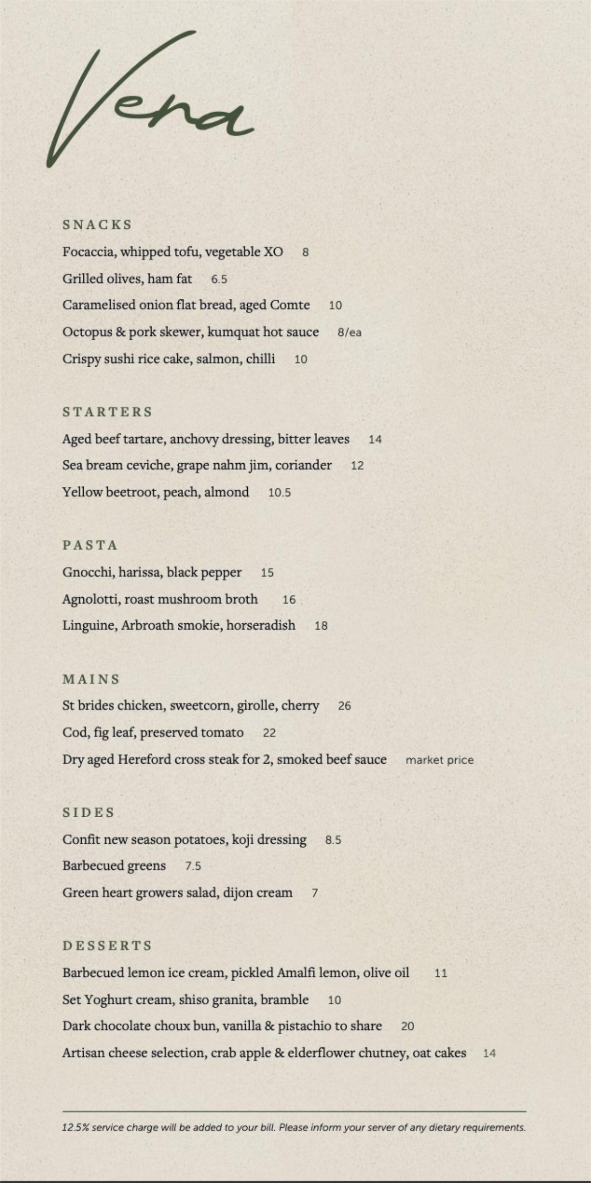 A la carte Menu at Vera Glasgow
